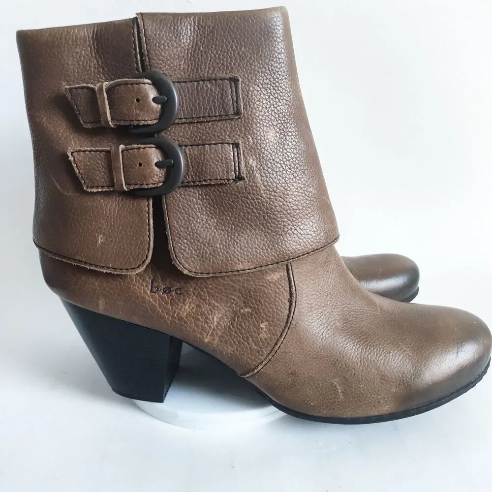 BOC Born Pebbled Fold Over Leather Ankle Boots Taupe Neutral Size 11 /43 Buckles